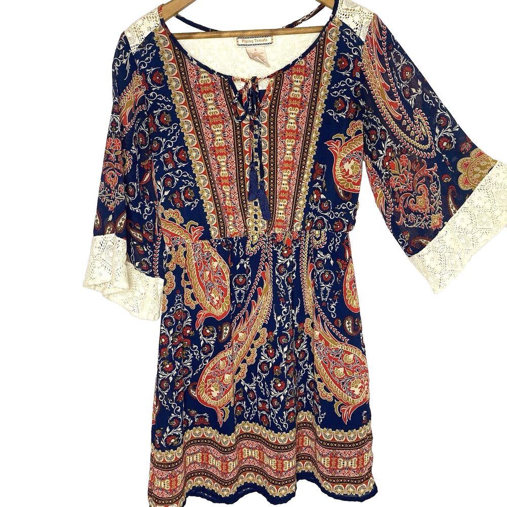 Flying Tomato Paisley Mini Dress Women S Lace Tassel Tie Neck Elastic Waist Blue